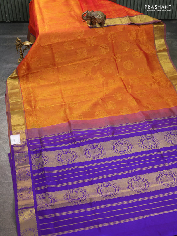 Silk cotton saree sunset oarnge and purple with allover self emboss jacquard pattern and annam zari woven border