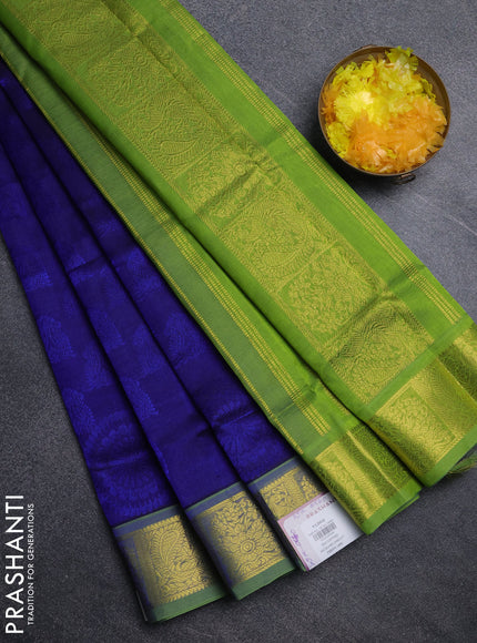 Silk cotton saree royal blue and light green with allover self emboss jacquard pattern and annam zari woven border