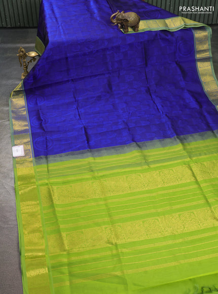 Silk cotton saree royal blue and light green with allover self emboss jacquard pattern and annam zari woven border