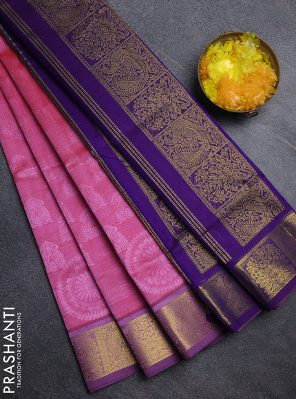 Silk cotton saree pink and violet with allover self emboss jacquard pattern and annam zari woven border