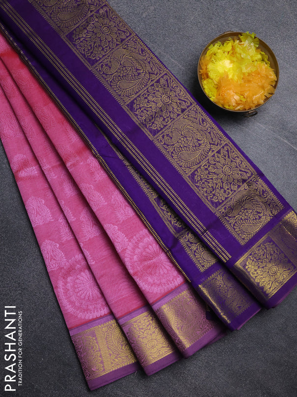 Silk cotton saree pink and violet with allover self emboss jacquard pattern and annam zari woven border