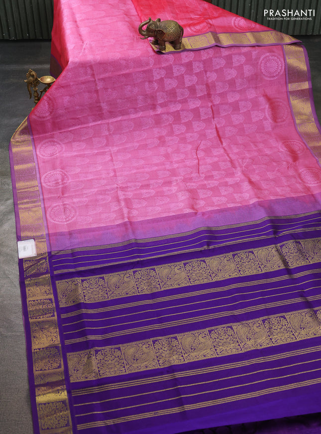 Silk cotton saree pink and violet with allover self emboss jacquard pattern and annam zari woven border