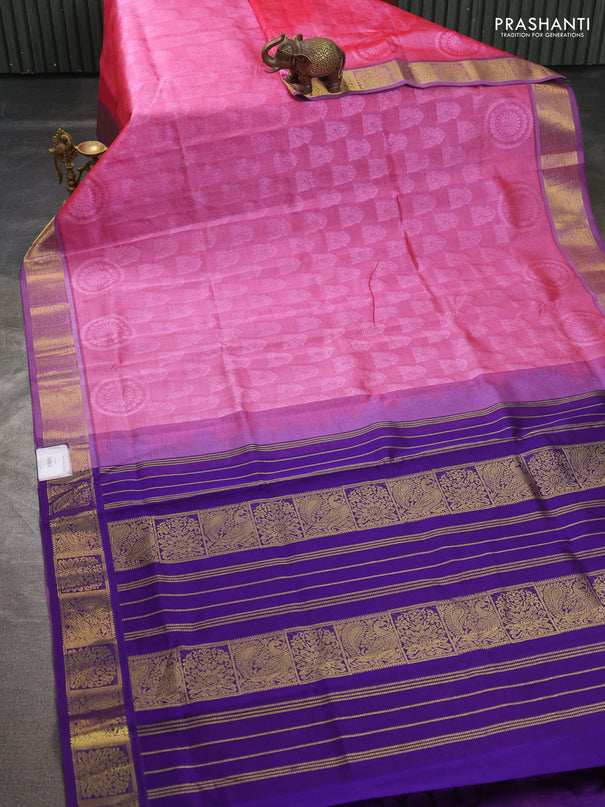 Silk cotton saree pink and violet with allover self emboss jacquard pattern and annam zari woven border