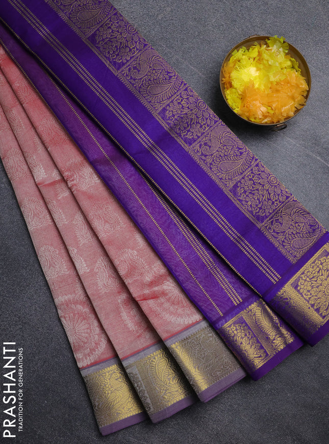 Silk cotton saree red shade and purple with allover self emboss jacquard pattern and annam zari woven border