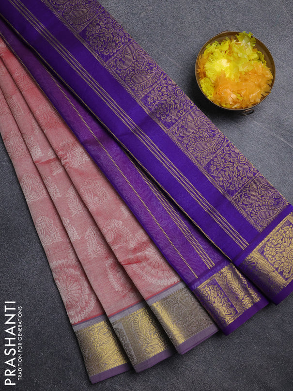 Silk cotton saree red shade and purple with allover self emboss jacquard pattern and annam zari woven border
