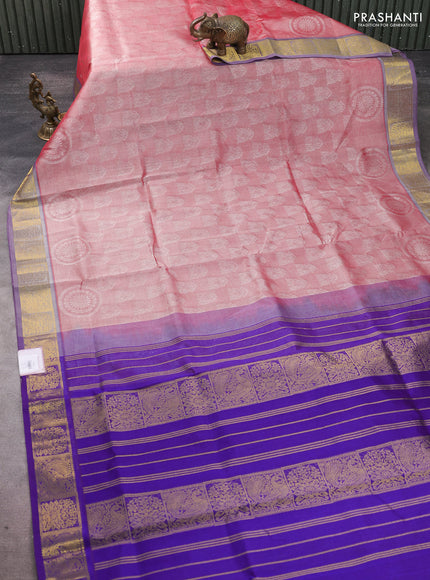 Silk cotton saree red shade and purple with allover self emboss jacquard pattern and annam zari woven border