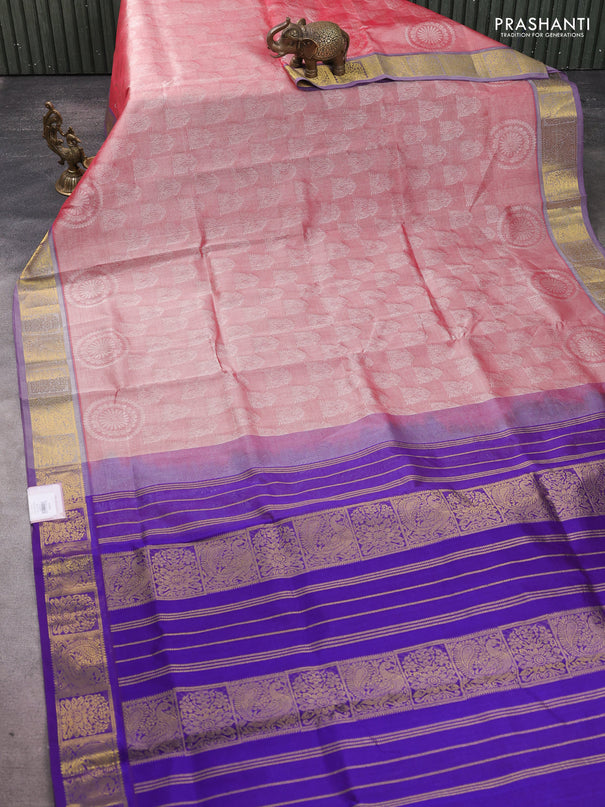 Silk cotton saree red shade and purple with allover self emboss jacquard pattern and annam zari woven border