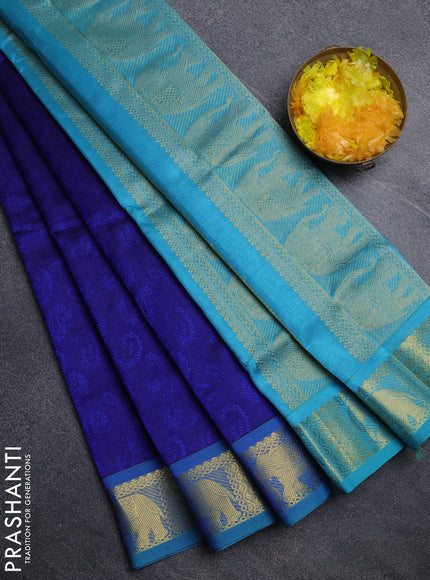 Silk cotton saree blue and cs blue with allover self emboss jacquard pattern and elephant design zari woven border
