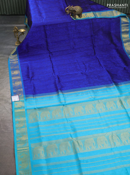 Silk cotton saree blue and cs blue with allover self emboss jacquard pattern and elephant design zari woven border