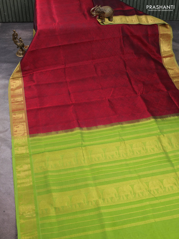 Silk cotton saree maroon and light green with allover self emboss jacquard pattern and elephant design zari woven border