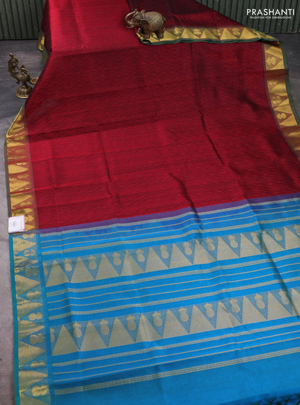Silk cotton saree maroon and cs blue with allover self emboss jacquard pattern and temple design zari woven border