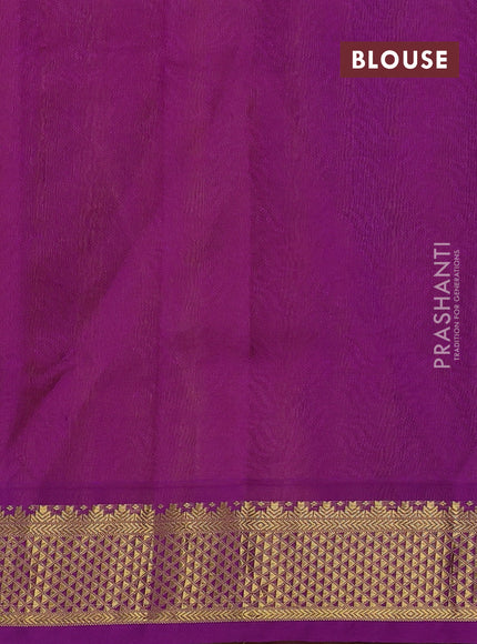 Silk cotton saree mango yellow and purple with allover self emboss jacquard pattern and temple design zari woven border