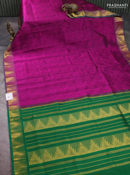 Silk cotton saree dark magenat and green with allover self emboss jacquard pattern and temple design zari woven border