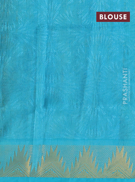 Silk cotton saree light green and cs blue with allover self emboss jacquard pattern and temple design zari woven border