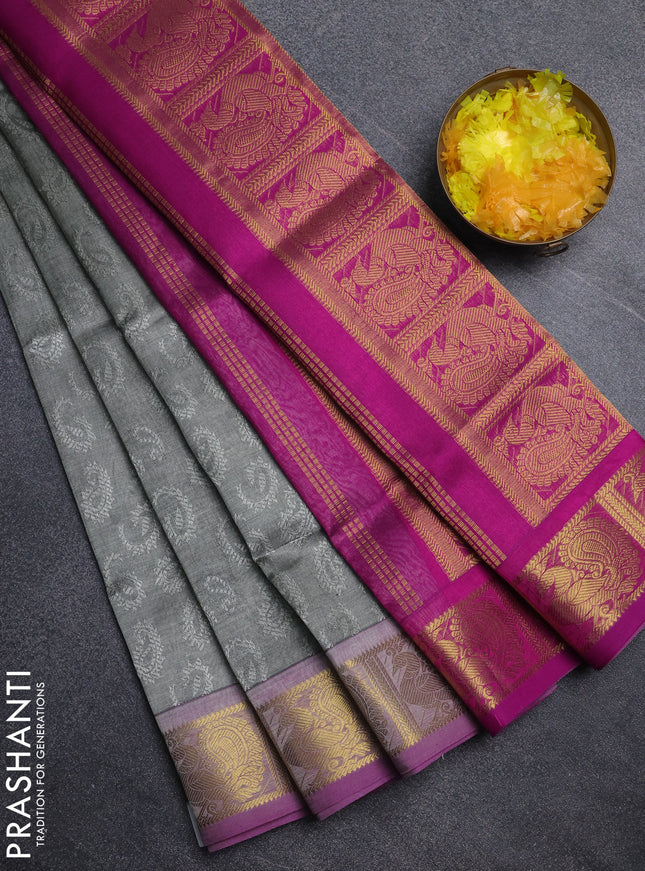 Silk cotton saree grey and dark pink with allover self emboss jacquard pattern and annam zari woven border