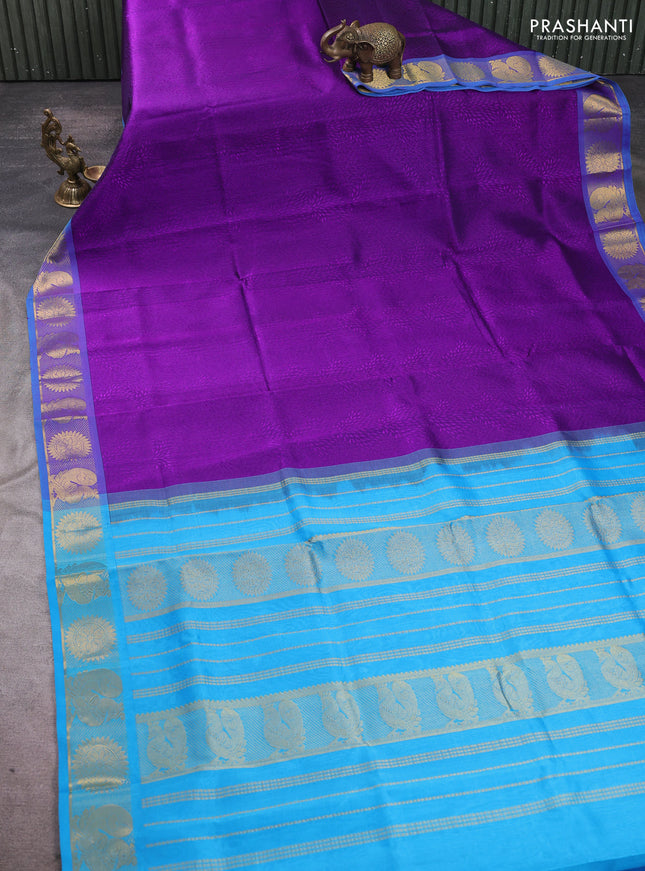 Silk cotton saree purple and cs blue with allover self emboss jacquard pattern and annam zari woven border