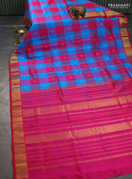 Silk cotton saree cs blue and pink with paalum pazhamum checks & zari buttas and zari woven border