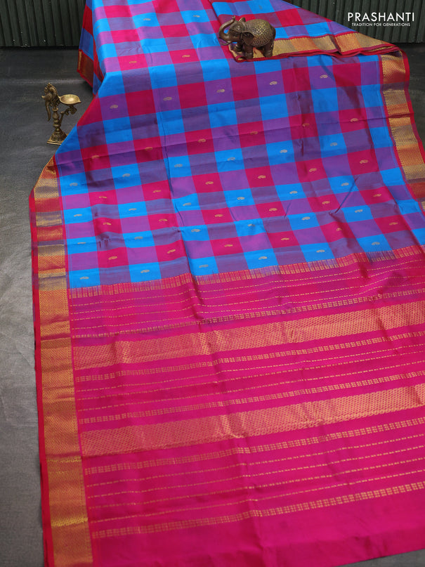 Silk cotton saree cs blue and pink with paalum pazhamum checks & zari buttas and zari woven border