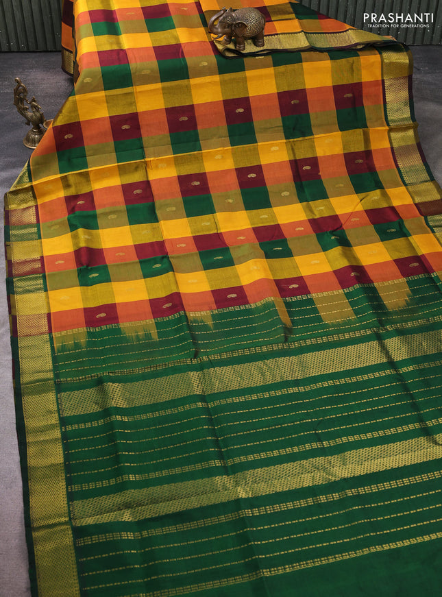 Silk cotton saree multi colour and green with paalum pazhamum checks & zari buttas and zari woven border