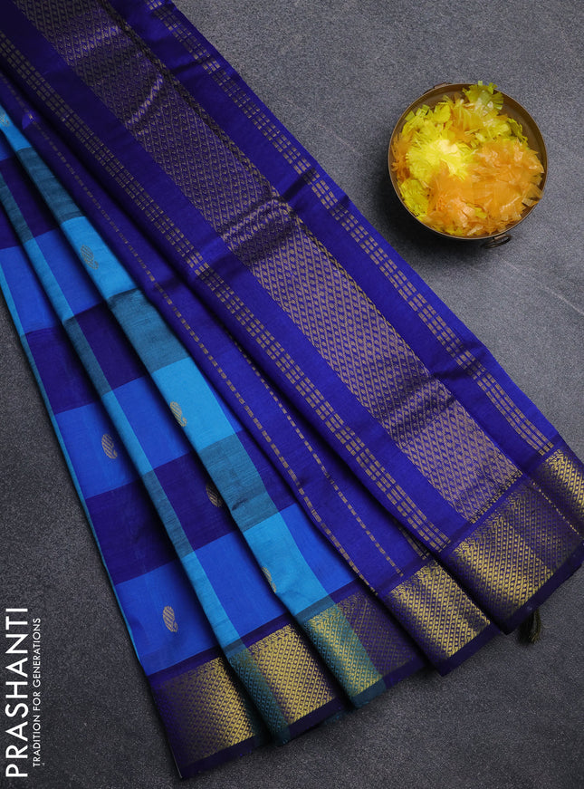 Silk cotton saree blue and teal blue with paalum pazhamum checks & zari buttas and zari woven border