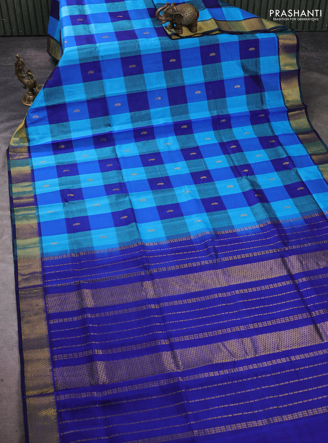 Silk cotton saree blue and teal blue with paalum pazhamum checks & zari buttas and zari woven border