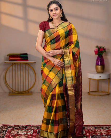 Silk cotton saree multi colour and maroon with paalum pazhamum checks & zari buttas and zari woven border