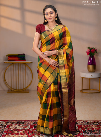 Silk cotton saree multi colour and maroon with paalum pazhamum checks & zari buttas and zari woven border