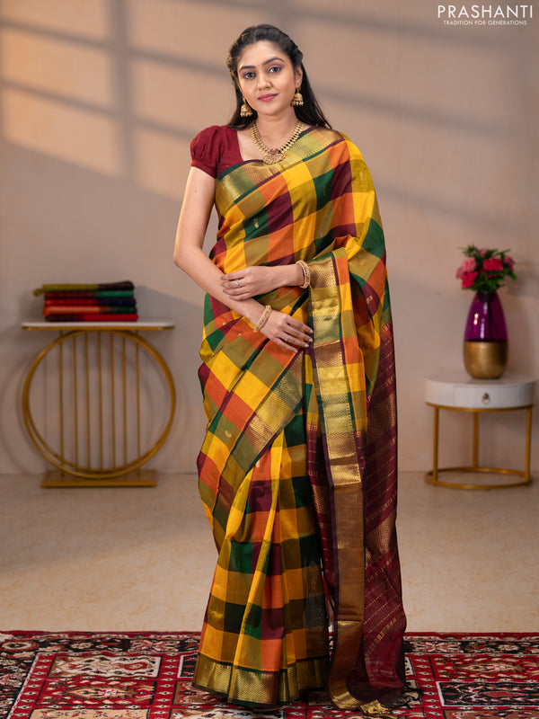 Silk cotton saree multi colour and maroon with paalum pazhamum checks & zari buttas and zari woven border