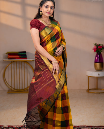 Silk cotton saree multi colour and maroon with paalum pazhamum checks & zari buttas and zari woven border