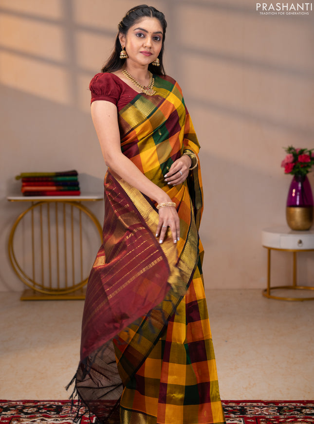 Silk cotton saree multi colour and maroon with paalum pazhamum checks & zari buttas and zari woven border