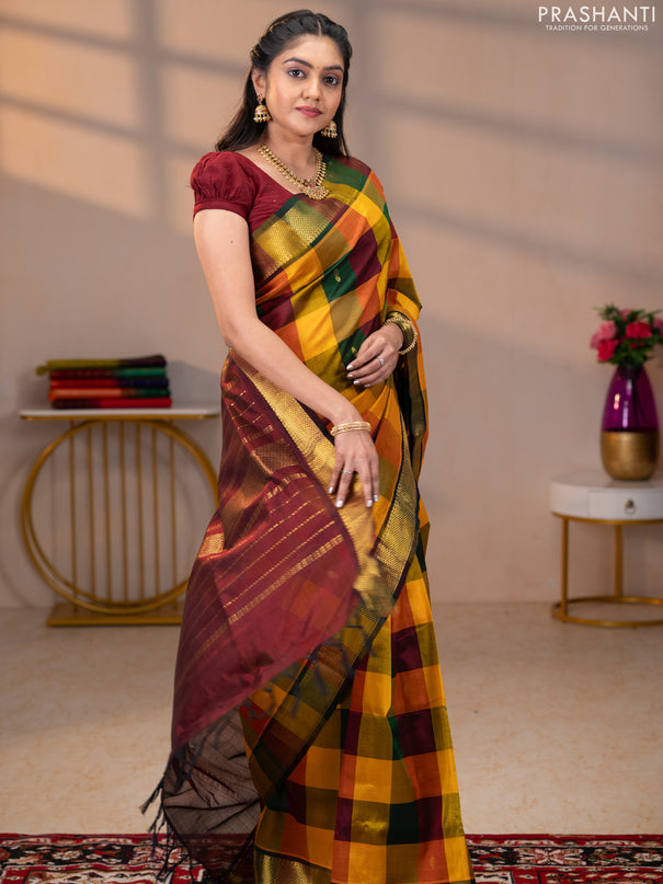 Silk cotton saree multi colour and maroon with paalum pazhamum checks & zari buttas and zari woven border