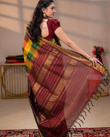 Silk cotton saree multi colour and maroon with paalum pazhamum checks & zari buttas and zari woven border
