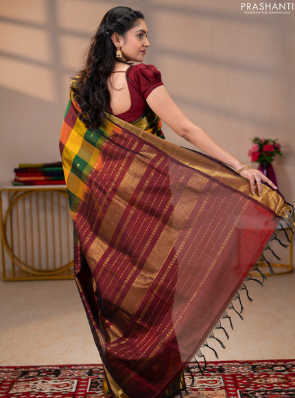 Silk cotton saree multi colour and maroon with paalum pazhamum checks & zari buttas and zari woven border
