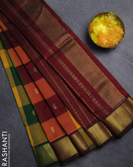 Silk cotton saree multi colour and maroon with paalum pazhamum checks & zari buttas and zari woven border