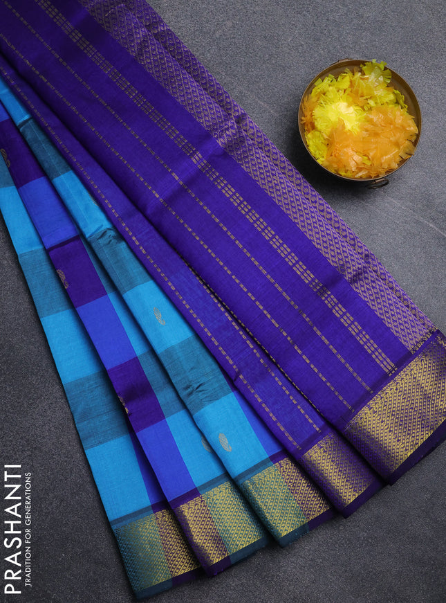 Silk cotton saree blue and teal blue with paalum pazhamum checks & zari buttas and zari woven border
