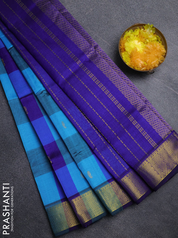 Silk cotton saree blue and teal blue with paalum pazhamum checks & zari buttas and zari woven border