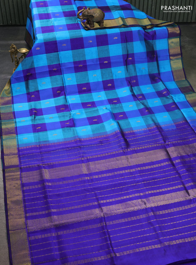 Silk cotton saree blue and teal blue with paalum pazhamum checks & zari buttas and zari woven border