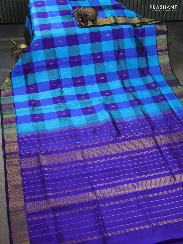 Silk cotton saree blue and teal blue with paalum pazhamum checks & zari buttas and zari woven border