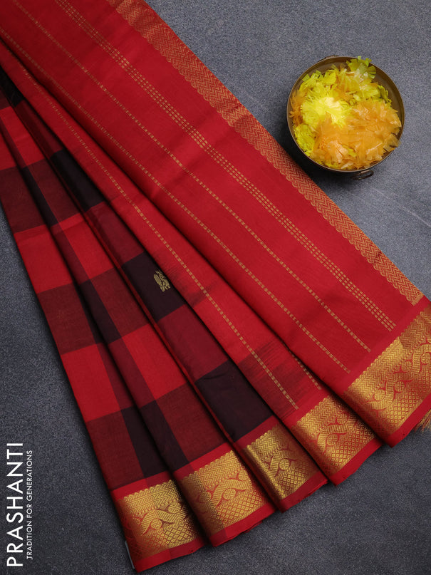 Silk cotton saree red and black with paalum pazhamum checks & zari buttas and zari woven border