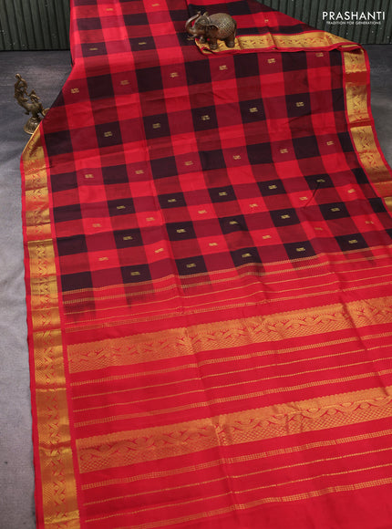 Silk cotton saree red and black with paalum pazhamum checks & zari buttas and zari woven border