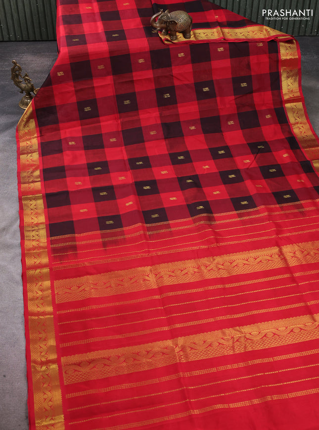Silk cotton saree red and black with paalum pazhamum checks & zari buttas and zari woven border