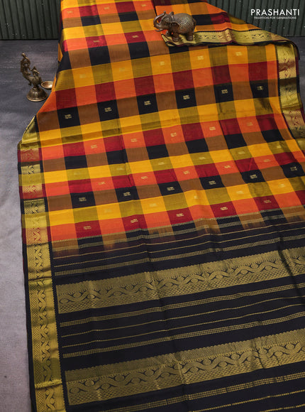 Silk cotton saree multi colour and black with paalum pazhamum checks & zari buttas and zari woven border