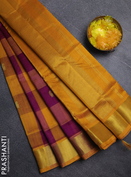 Silk cotton saree purple and mustard yellow with paalum pazhamum checks & zari buttas and zari woven border