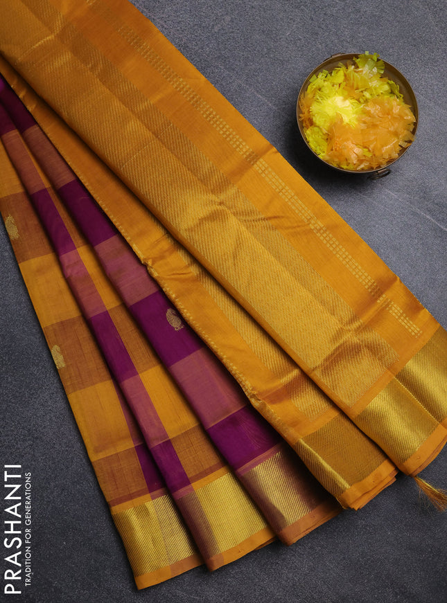 Silk cotton saree purple and mustard yellow with paalum pazhamum checks & zari buttas and zari woven border