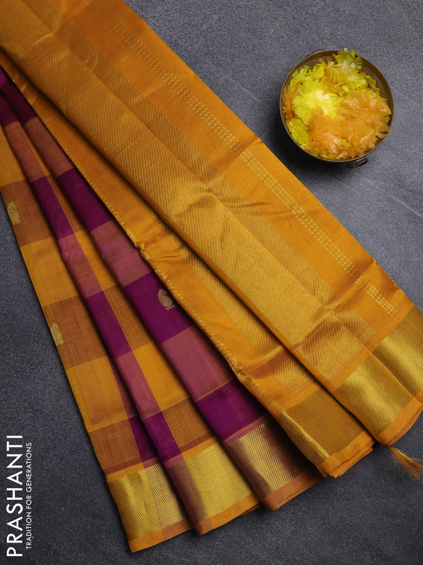 Silk cotton saree purple and mustard yellow with paalum pazhamum checks & zari buttas and zari woven border