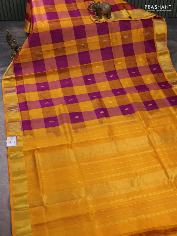 Silk cotton saree purple and mustard yellow with paalum pazhamum checks & zari buttas and zari woven border