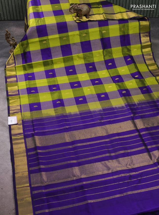 Silk cotton saree blue and light green with paalum pazhamum checks & zari buttas and zari woven border