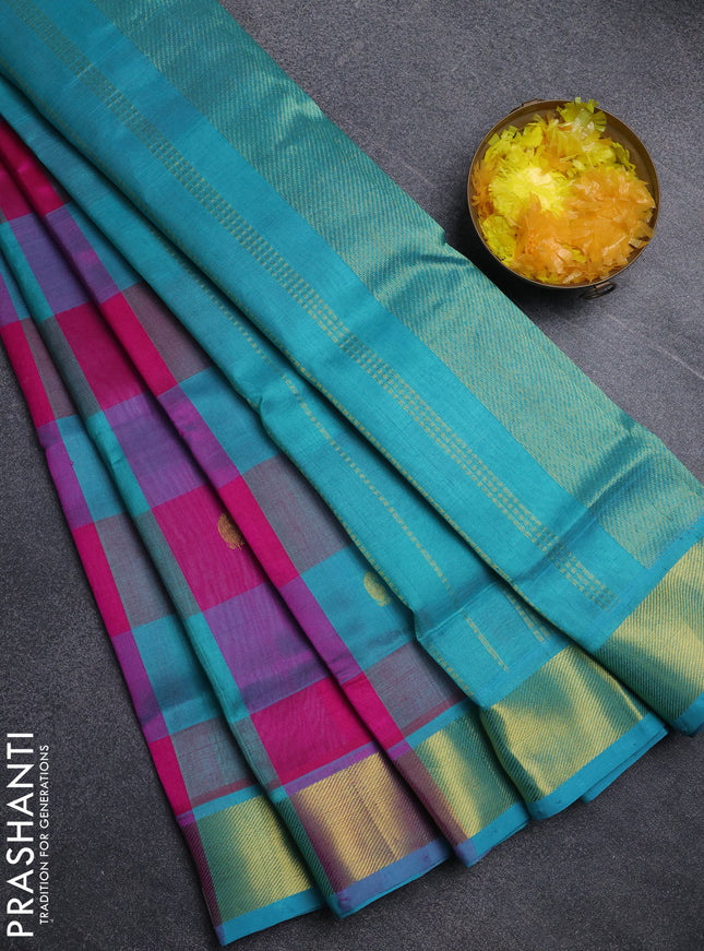 Silk cotton saree pink and teal blue with paalum pazhamum checks & zari buttas and zari woven border