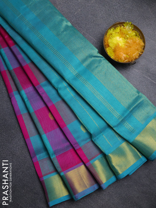 Silk cotton saree pink and teal blue with paalum pazhamum checks & zari buttas and zari woven border