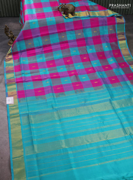 Silk cotton saree pink and teal blue with paalum pazhamum checks & zari buttas and zari woven border